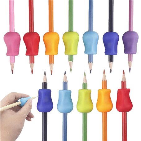Aestustheri Lot de 12 poignées de crayon colorées en silicone – Aide à l'écriture pour enfants et adultes – Prise en main amélio