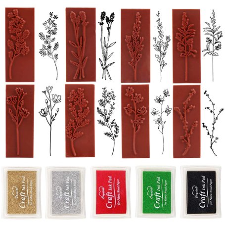 Yayatty 8 PCS Tampons en Bois des Plantes Bois Caoutchouc Tampons Scrapbooking Tampon Vintage en Bois et 5 Couleur Tampons Encre