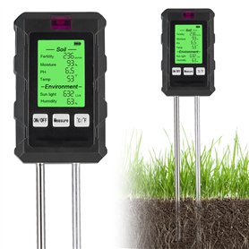 Vegena Testeur de pH de sol 6 en 1 - Testeur d'humidité pour plantes - Avec fertilité du sol / humidité / pH / température / lum