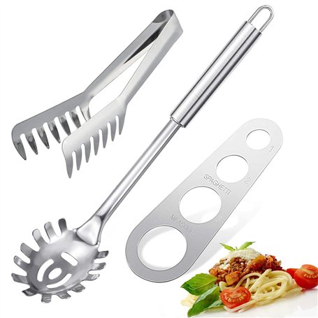 Lot de 3 couverts à spaghettis en acier inoxydable - Pince à pâtes - Cuillère à pâtes - Fourchette à pâtes et outil de mesure à