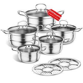 Lot de 12 casseroles en acier inoxydable avec couvercle en verre et casserole à manche - Convient pour tous les types de plaques