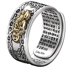 OUTEYE 99 Argent PiXiu Bouddhiste Coeur Sutra Anneau pour Hommes Femmes Feng Shui Anneau Ouverture réglable Mantra amulette Rich