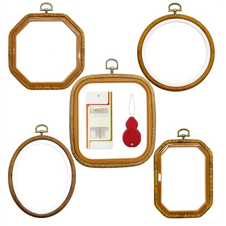 AMANDELIZABE Lot de 5 cercles à broder en plastique pour point de croix - Kit de broderie - Cadre de broderie - Rectangle rond o