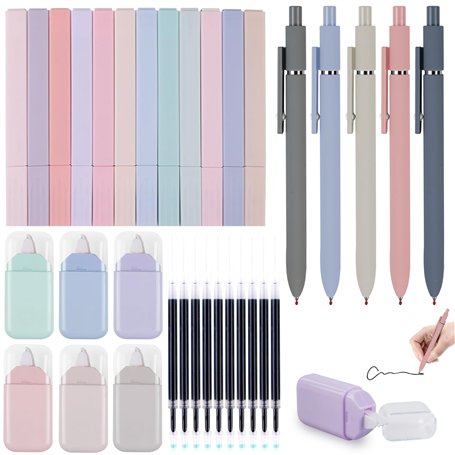 PRITOK Lot de 33 surligneurs esthétiques pastel - Stylos esthétiques - Gomme - Crayon - Surligneurs - Stylo gel - Ruban correcte