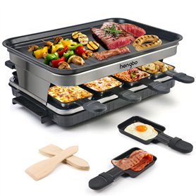 Appareil a Raclette 8 Personne Service a Raclette avec Revêtement Anti-Adhésif Plaque de Cuisson 8 Poêlons Antiadhésifs 4 Spatul