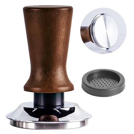 Souvik Tamper à Café 58mm en Acier Inoxydable avec Poignée en Bois et Tapis en Silicone – Tamper Espresso pour Un Espresso Parfa