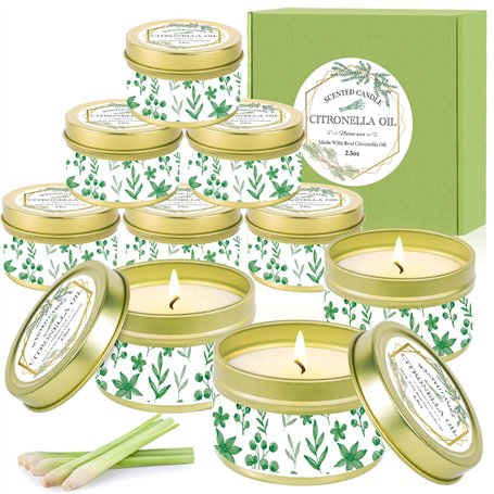 SaiXuan Bougie Citronnelle – 9 Bougies Parfumées Naturelles en Boîte Métal Dorée – Citronnelle avec Cire de Soja – Bougie Anti M