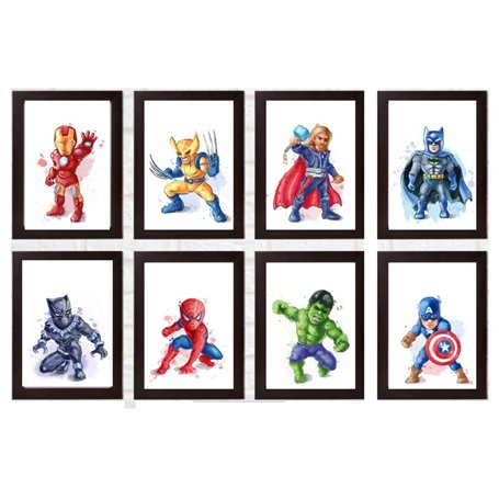 Safari Art Lot de 8 impressions murales de super-héros à l'aquarelle pour enfants - Spiderman