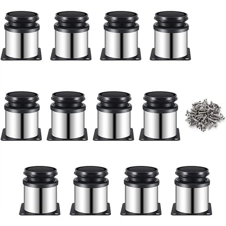 Onezebra Lot de 12 pieds de meubles ronds en acier inoxydable brossé - Réglable en hauteur de 0 à 15 mm