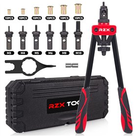 Outil à riveter 14" - Kit professionnel pour rivets avec M3 M4 M5 M6 M8 M10 métriques 6 mandrins et 60 écrous