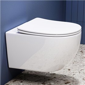 Cuvette WC Suspendu sans Rebord avec Charniere Abattant Soft-Close - Toilette Suspendu en Céramique Blanc - Chasse d'Eau Directe