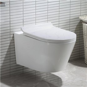 Cuvette WC Suspendu sans Rebord en Céramique - Toilette Mural avec Lunette WC Amovible - Abattants WC avec Abaissement Automatiq