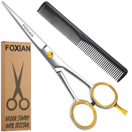Foxian Ciseaux de coiffure professionnels pour barbiers et coiffeurs 6 pouces en acier inoxydable avec peigne pour hommes et fem