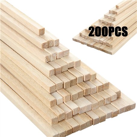 YAYODS Lot de 200 bâtons carrés en bois de balsa - Bandes de bois de tilleul naturel brut pour sculpture