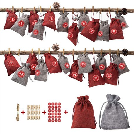 Ysoom Calendrier de l'Avent à remplir 24 sachets de Jute à Suspendre pour Noël DIY Sacs Cadeaux de Noël Décoration de Noël 24 pi