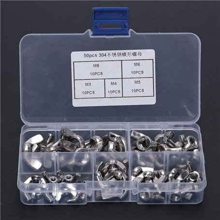 50 Pcs Écrou papillon Écrou à oreilles en acier inoxydable Écrou en lingot Écrou Serrer à la main M3 M4 M5 M6 M8 Kit de fixation
