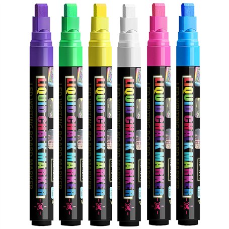 WOLMIK Lot de 6 marqueurs à craie pour tableau noir - Lavable - Pour fenêtre - 6 couleurs - Marqueurs à craie pour verre et tabl