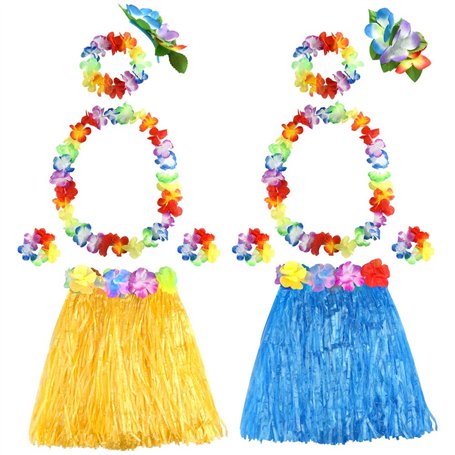 FEPITO 2 Set Hawaiian Herbe Hula Jupe Avec Fleur Leis Collier Bandeau Bracelets Robe Costume Ensemble pour Filles Femme Luau Haw