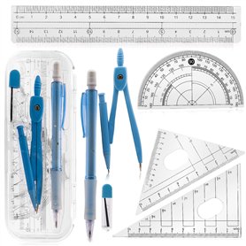 Lot de 7 outils de géométrie bleu avec compas