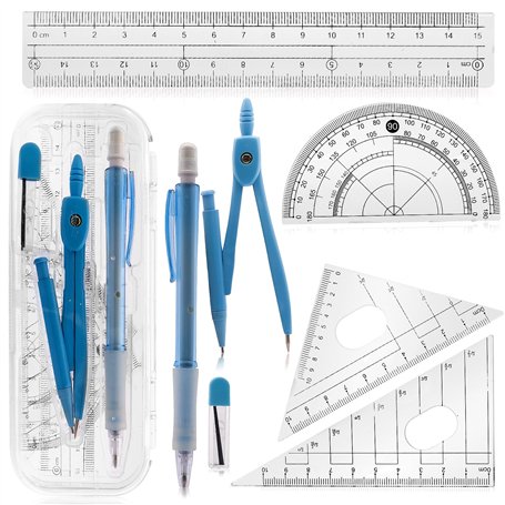 Lot de 7 outils de géométrie bleu avec compas
