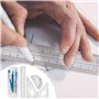 Lot de 7 outils de géométrie bleu avec compas, porte-mine, règle, 2 équerres, rapporteur et mines de rechange – Avec étui pour l