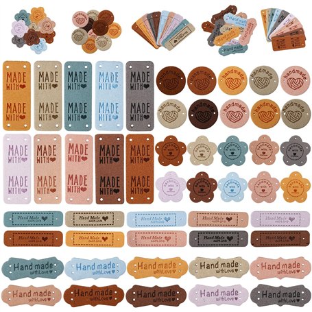 Lot de 50 Étiquettes Fait Main à Coudre – 5 Designs en Cuir PU