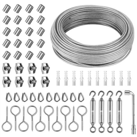 64 Pièces Cable Acier 3mm Cable Inox 3Mm 30M 304 Cable Acier Gainé Filin Acier avec Tendeur Cable Inox Tendeur Fil A Linge Serre