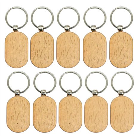 Qaixwuyi 10 Pièces Porte Clés Bois Bricolage Vierge Ovale Massif Etiquette Bois Avec Porte Clés Gravable pour Décoration Peintur