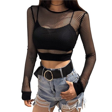 VisSec Femme avec Dentelle Tulle Manches Longues Moulant Haut Top Sexy Slim Elégant Noir Invisibles Rafraîchissantes Femme Sans