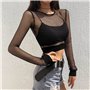 VisSec Femme avec Dentelle Tulle Manches Longues Moulant Haut Top Sexy Slim Elégant Noir Invisibles Rafraîchissantes Femme Sans 