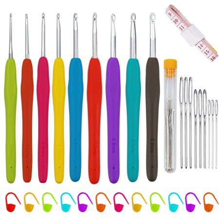 Set Crochet Tricot - 9pcs - Kit Crochets En Avec PoignéE Douce En Caoutchouc - 20 Marquages De Points De Verrouillage - Aiguille