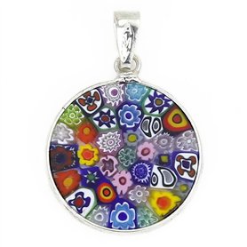 Glass Of Venice Petit Collier Pendentif millefiori en Verre de Murano Rond Multicolore dans Un Cadre en Argent Sterling pour Fem