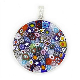 Grand Pendentif Millefiori Multicolore dans Un Cadre argenté 32 mm