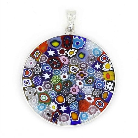 Grand Pendentif Millefiori Multicolore dans Un Cadre argenté 32 mm
