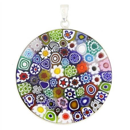 Verre de Venise Murano Verre Millefiori Pendentif Collier Multicolore dans Cadre Argenté 1-1/2 Pouce pour Femme Fait à la Main à