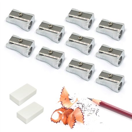 Lot de 10 taille-crayons à trou unique en alliage d'aluminium avec 2 gommes