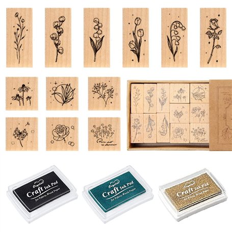 Rebanky 12 pcs Tampons en Bois des Plantes Tampon en Caoutchouc Bois Timbre de Caoutchouc Naturel avec 3 Tampons Encreurs de Cou