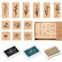Rebanky 12 pcs Tampons en Bois des Plantes Tampon en Caoutchouc Bois Timbre de Caoutchouc Naturel avec 3 Tampons Encreurs de Cou