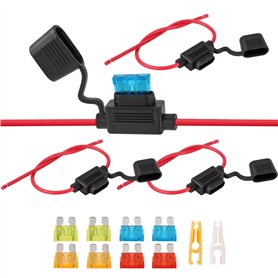 Porte Fusible Étanche 12V-32V Voiture Porte Fusible en Ligne avec 8 Pièces Fusible Plats 5A/10A/15A/20A et 14 AWG Fil pour Camio
