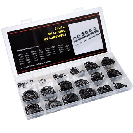Circlip E-Clips Anneau de Retenue en Acier Carbone Bague de Retenue 18 Tailles 3mm-32mm avec Boîte 300 Pièces