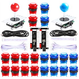 Hikig Kit Arcade DIY 2 Joueurs 2x encodeur USB Zero Delay + 2x Joystick + 20 boutons LED Arcade - Couleur rouge et bleue