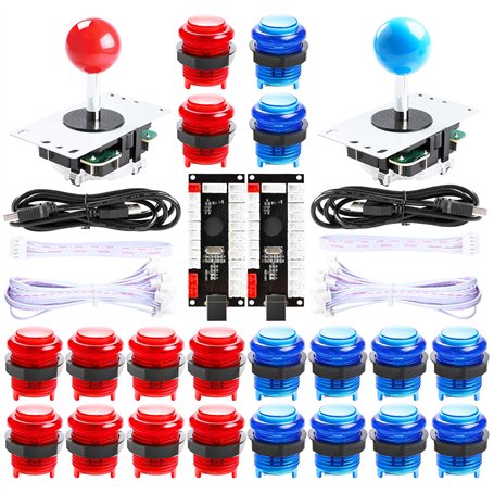 Hikig Kit Arcade DIY 2 Joueurs 2x encodeur USB Zero Delay + 2x Joystick + 20 boutons LED Arcade - Couleur rouge et bleue