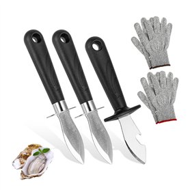 FHISKUNYU Ensemble de 3 Couteaux à Huîtres Professionnels et 1 Paire de Gants Gris Résistants - Ouvre-Huîtres et Protection pour