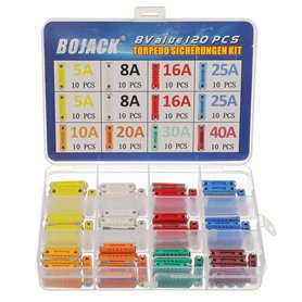 BOJACK 8 sortes 120 pièces Fusibles Torpilles Jeu De Fusibles Torpedo Fusibles 5A 8A 10A 16A 20A 25A 30A 40A Protège les circuit