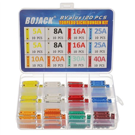 BOJACK 8 sortes 120 pièces Fusibles Torpilles Jeu De Fusibles Torpedo Fusibles 5A 8A 10A 16A 20A 25A 30A 40A Protège les circuit