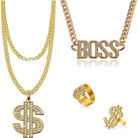 GIGIIS Colliers et Bagues Hip Hop pour Homme Femme 80's 90's Deguisement Accessoires Rappeur Dollar/Boss Sign Chaîne Plaqué Or B