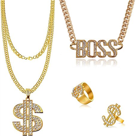 GIGIIS Colliers et Bagues Hip Hop pour Homme Femme 80's 90's Deguisement Accessoires Rappeur Dollar/Boss Sign Chaîne Plaqué Or B