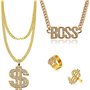 GIGIIS Colliers et Bagues Hip Hop pour Homme Femme 80's 90's Deguisement Accessoires Rappeur Dollar/Boss Sign Chaîne Plaqué Or B