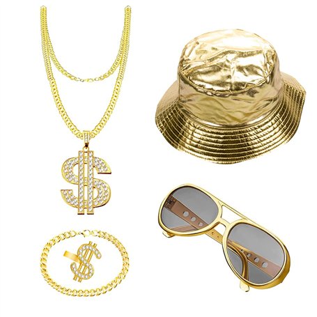ZJRung Kit de Costume Hip Hop Lunettes de Soleil et Bagues de Rappeur Chapeau de Pêcheur Collier Dollar Bracelet Chaîne d'or 80s
