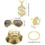 ZJRung Kit de Costume Hip Hop Lunettes de Soleil et Bagues de Rappeur Chapeau de Pêcheur Collier Dollar Bracelet Chaîne d'or 80s